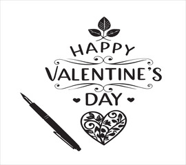 Valentine's day lettering in black color and heart icon. Elegant greeting lettering for celebrate valentine's day with white background   happy valentie's day