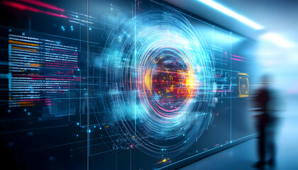 Futuristic data visualization displayed on a large screen in a modern office hallway; a blurred figure walks past, suggesting technological innovation and progress, ideal for tech 