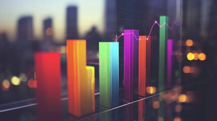 A dynamic business bar graph illustrating company growth, featuring vibrant bars with upward trends, set against a blurred cityscape background for a corporate vibe.