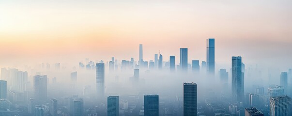 Fototapeta premium A serene skyline emerges through mist, showcasing tall buildings against a soft, colorful dawn.