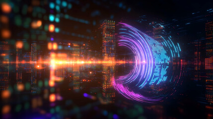 Obraz premium Futuristic digital city data stream, swirling vortex, global network, abstract background, tech concept