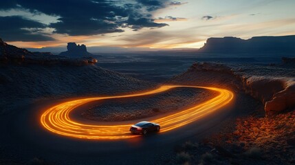 Fototapeta premium Car on Winding Road with Glowing Path at Sunset in Scenic Landscape