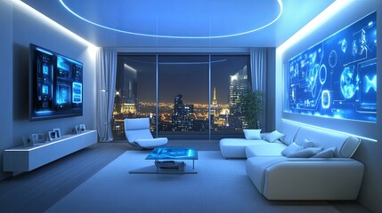 Futuristic Cityscape Living Room: Serene Blue Glow, Modern Design