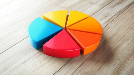 Fototapeta premium A flat lay of a colorful D pie chart on a light wooden table, illustrating the breakdown of financial data with labels on each segment for easy interpretation.