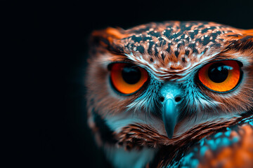 Portrait of a brown owl with piercing orange eyes in a dark setting during twilight