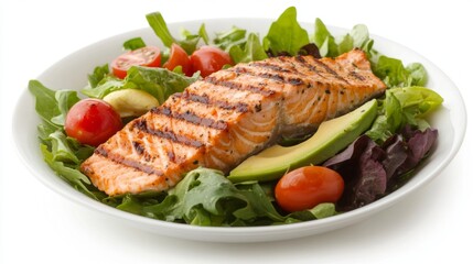 A flat lay of a fresh salmon salad, featuring mixed greens, cherry tomatoes, avocado, and slices of grilled salmon, drizzled with a light vinaigrette dressing.