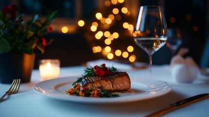 Romantic Dinner with Grilled Salmon and Festive Lights
