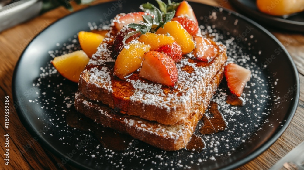 Poster a flat lay of honey toast stacked high, drizzled with honey and adorned with sliced fruits, served o