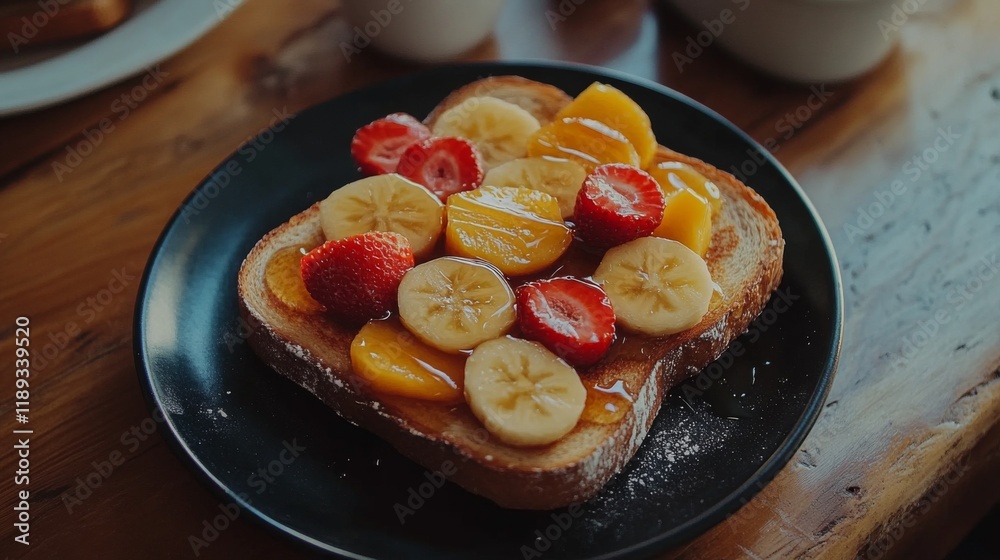 Poster a flat lay of honey toast stacked high, drizzled with honey and adorned with sliced fruits, served o