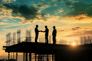 Obraz premium Silhouette of engineer and construction team working at site over blurred background sunset pastel for industry background with Light fair. 