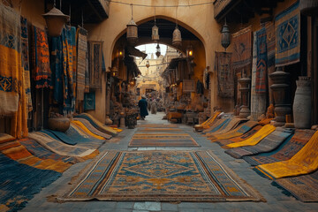 Obraz premium Photo réaliste d’un souk marocain vibrant avec tapis et épices