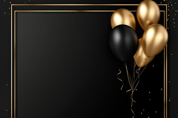 Elegant black and gold balloon frame design with confetti accents, perfect for luxury celebrations, event invitations, or glamorous party themes, premium style.