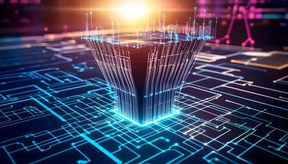 Futuristic digital processor core glowing brightly on circuit board, data streams flow, technological advancement background, ideal for tech websites