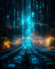 Fototapeta premium Futuristic digital rain over a tranquil landscape; merging nature and technology; for tech, science, or environmental themes