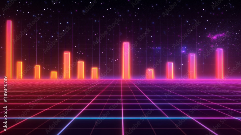 Aufkleber a futuristic d bar graph with digital effects, showing bars rising from a glowing grid, set against 