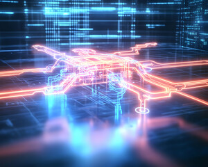 Futuristic drone schematic, digital city background, technological innovation, concept art for tech websites