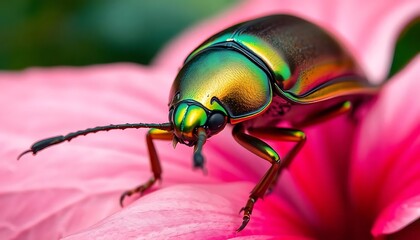 Naklejka premium Iridescent Beetle on Pink Flower: A Close-Up Macro Study