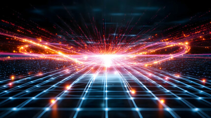 Obraz premium Futuristic energy grid, glowing lines converge, digital landscape, abstract background, perfect for tech concepts