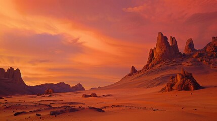 Naklejka premium a surreal desert landscape ablaze with vibrant hues of orange and pink, white space in the center of the page for text, bold rock formations and shifting sands under a fiery sky