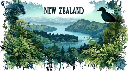 Idyllic Scenic Landscape of New Zealand with Native Flora and Fauna