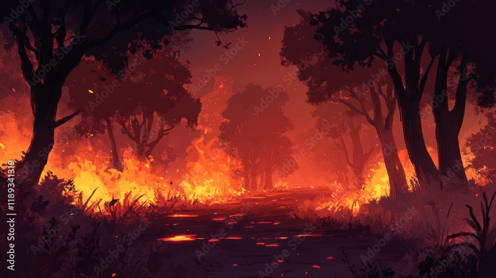 Poster a haunting view of a forest road lined with smoke from a nearby wildfire, with trees silhouetted aga