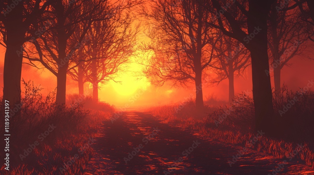 Aufkleber a haunting view of a forest road lined with smoke from a nearby wildfire, with trees silhouetted aga