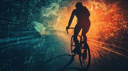 Silhouette of a Cyclist Riding on a Road with Digital Background