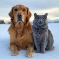 Golden Retriever and Gray Cat in Snowy Winter Wonderland: A Majestic Duo