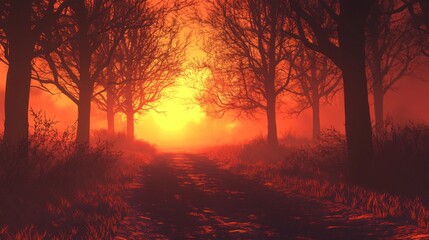 A haunting view of a forest road lined with smoke from a nearby wildfire, with trees silhouetted against the fiery background, creating a sense of urgency and danger.