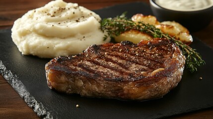 A juicy ribeye steak resting on a black slate plate, accompanied by roasted garlic, thyme, and a side of mashed potatoes, arranged in a gourmet style.
