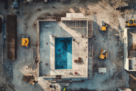 Aerial birds eye image of the frame of a house being built on a construction site at sunset - Wooden floor and walls are visible 
