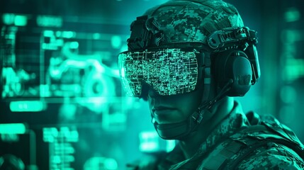 Soldier Using Advanced Night Vision Goggles in Futuristic Environment