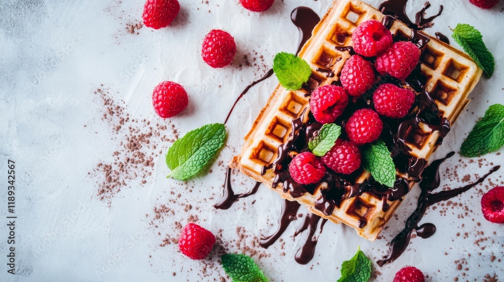 Poster a minimalist flat lay of a waffle topped with raspberries, chocolate drizzle, and mint leaves, prese