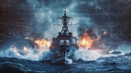 Warship Engaging Weapons Amidst Stormy Seas and Explosions and Digital Background