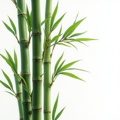 Bamboo Green Sticks With Leaves  Isolated On White Background