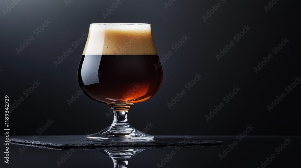 Poster A minimalist presentation of a dark stout beer in a sleek tulip glass, placed on a black slate table with subtle reflections and soft lighting.