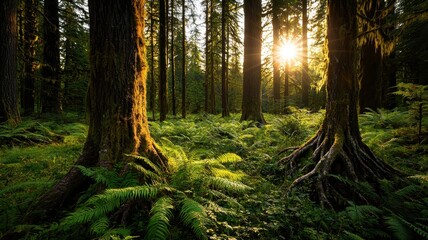 Obraz premium A tranquil forest scene with tall trees and ferns illuminated by soft sunlight filtering through the leaves.