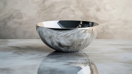 A stylish, modern bowl with a unique marbled design. The silver bowl rests on a sleek surface, creating a sophisticated and elegant look.