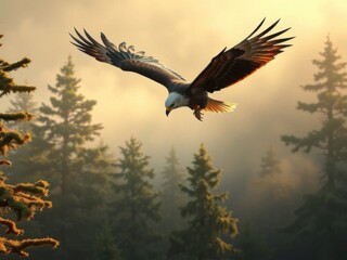"A majestic eagle with detailed feathers gliding gracefully through a misty forest, its wings fully spread as it soars above the trees. The scene captures the essence of freedom and strength.. 