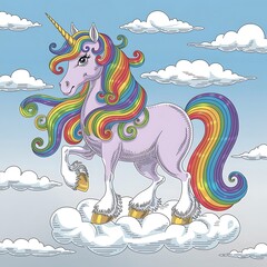 Fototapeta premium Majestic Cute Rainbow Unicorn coloring page for kids adult activity book Sketch Silhouette clipart