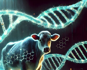 Cow with glowing DNA strands, genetic research and animal science
