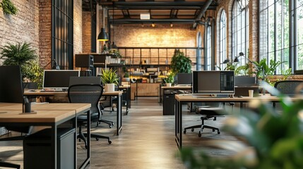 Modern Industrial Office Space: A spacious, contemporary office interior design showcasing a blend of industrial and natural elements, featuring exposed brick walls, large windows, wooden desks.