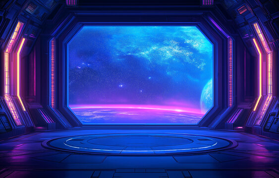 Futuristic space station window view of glowing Earth, sci-fi interior with neon purple and blue lighting, advanced cosmic exploration theme, space travel.