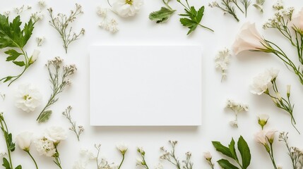 Blank white wedding invitation surrounded by delicate flowers. Floral elements create inviting template for design concepts. Mock-up for product placement on paper. Suitable for various uses. Perfect