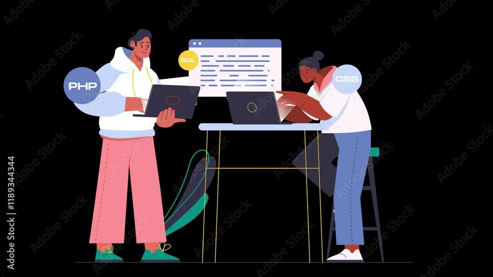 Poster two diverse individuals working on programming tasks using laptops and coding languages.