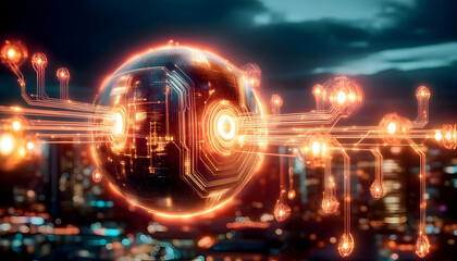 Obraz premium Futuristic sphere with circuit board connections over a cityscape at night, illustrating technological global network