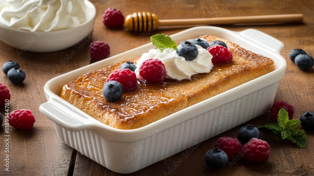 Aufkleber a rustic presentation of honey toast served with a side of whipped cream and fresh berries, placed o