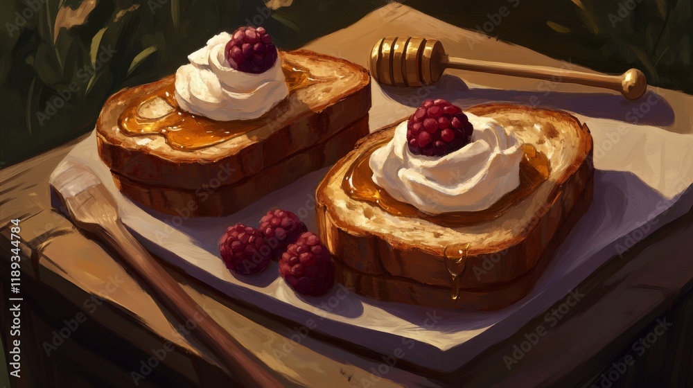 Poster A rustic presentation of honey toast served with a side of whipped cream and fresh berries, placed on a wooden table with a small honey dipper for a cozy touch.
