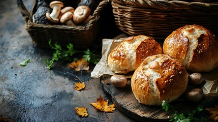 buns with mushrooms and black bread on rustic table