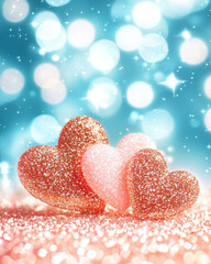 Fototapeta premium Glittering hearts with radiant gold and pastel tones on sparkling background